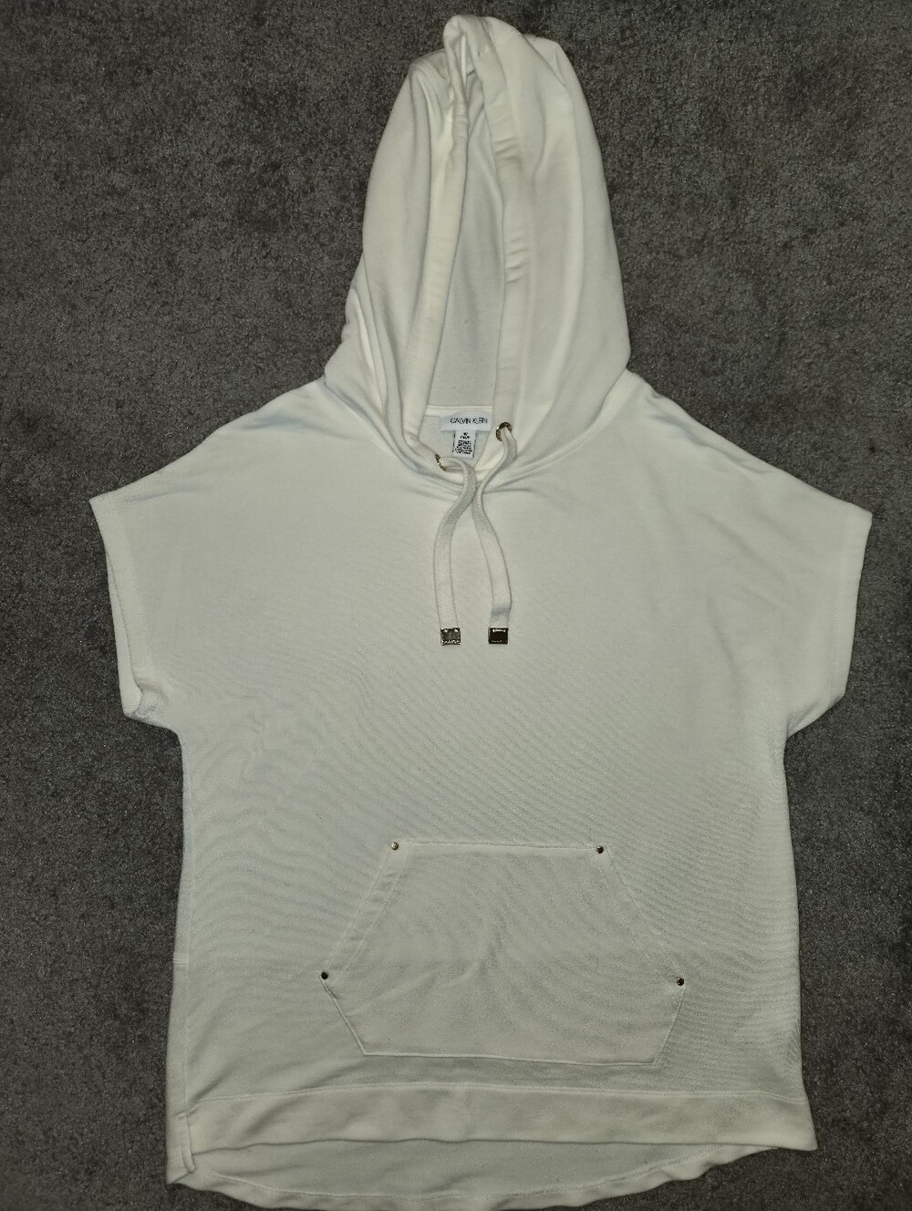 Calvin Klein Cream Short-Sleeve Hooded Sweatshirt with Kangaroo Pocket